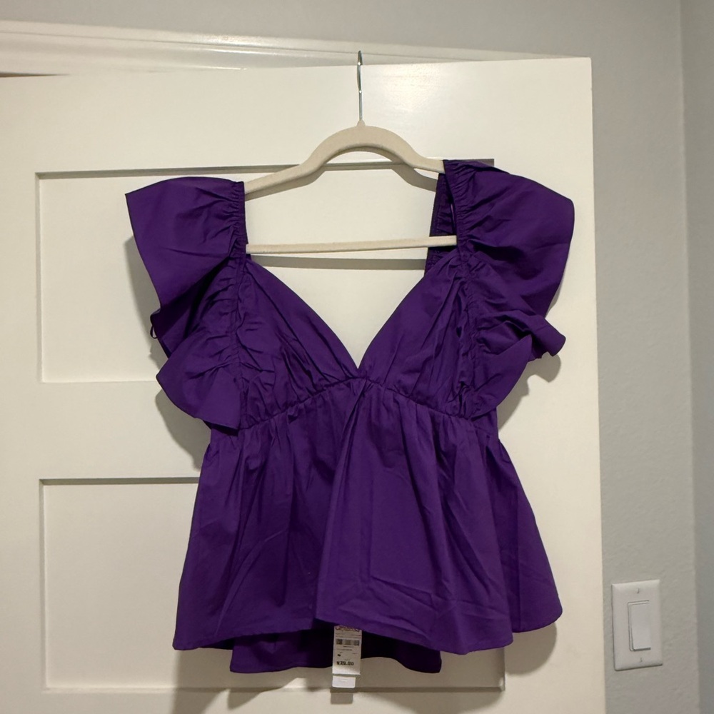 Ruffled V-Neck Women's Blouse in Purple